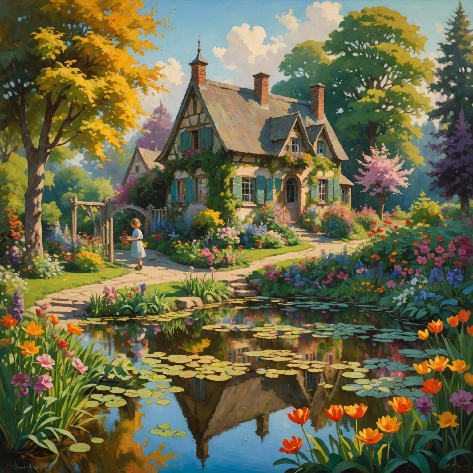 Whimsical Morning Garden Scene in Art Nouveau Style