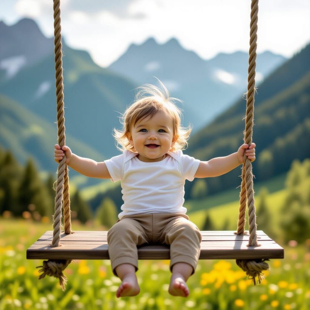 Happy Baby on a Swing Above a Mountain Valley