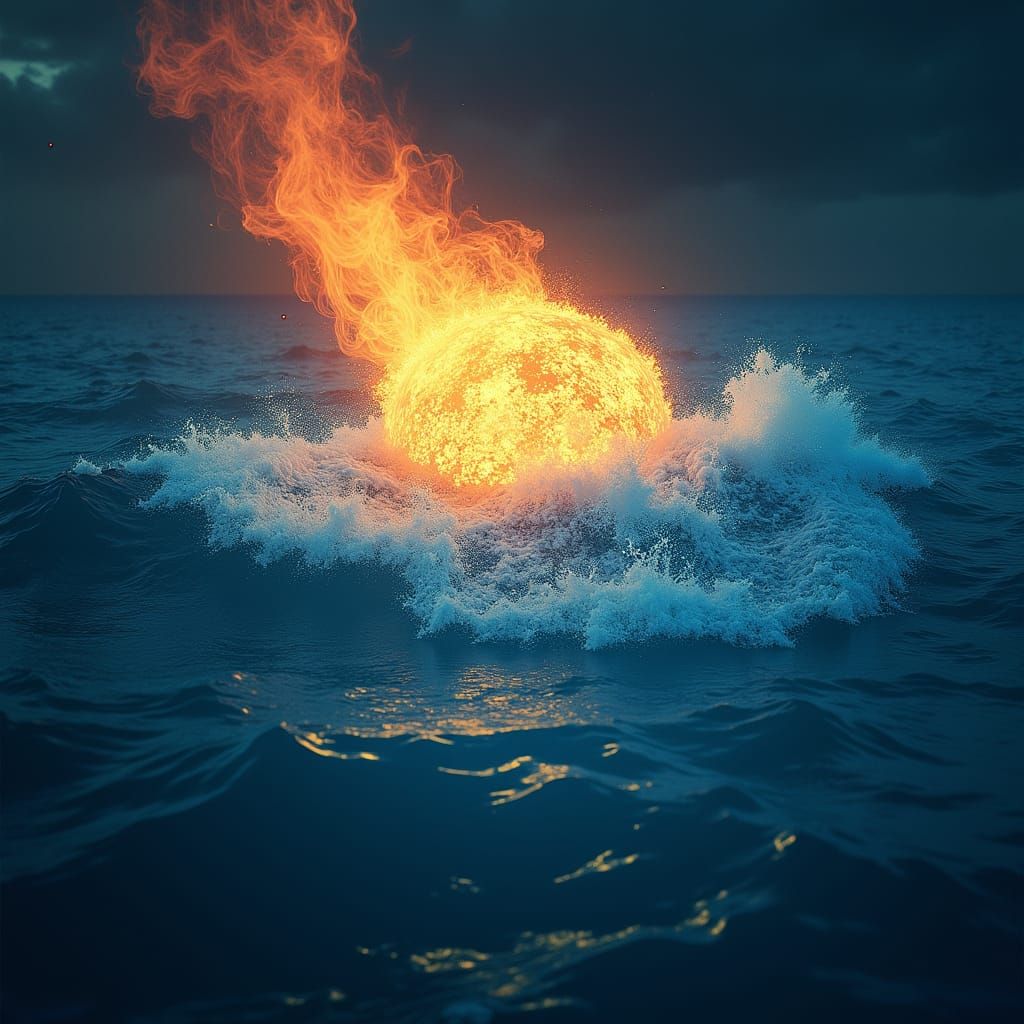 Sfera di Fuoco sul Mare Blu in Stile Astratto Fantastico