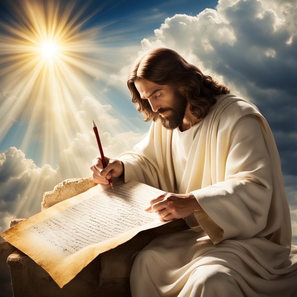 Jesus Writes on Scroll in Heavenly Light
