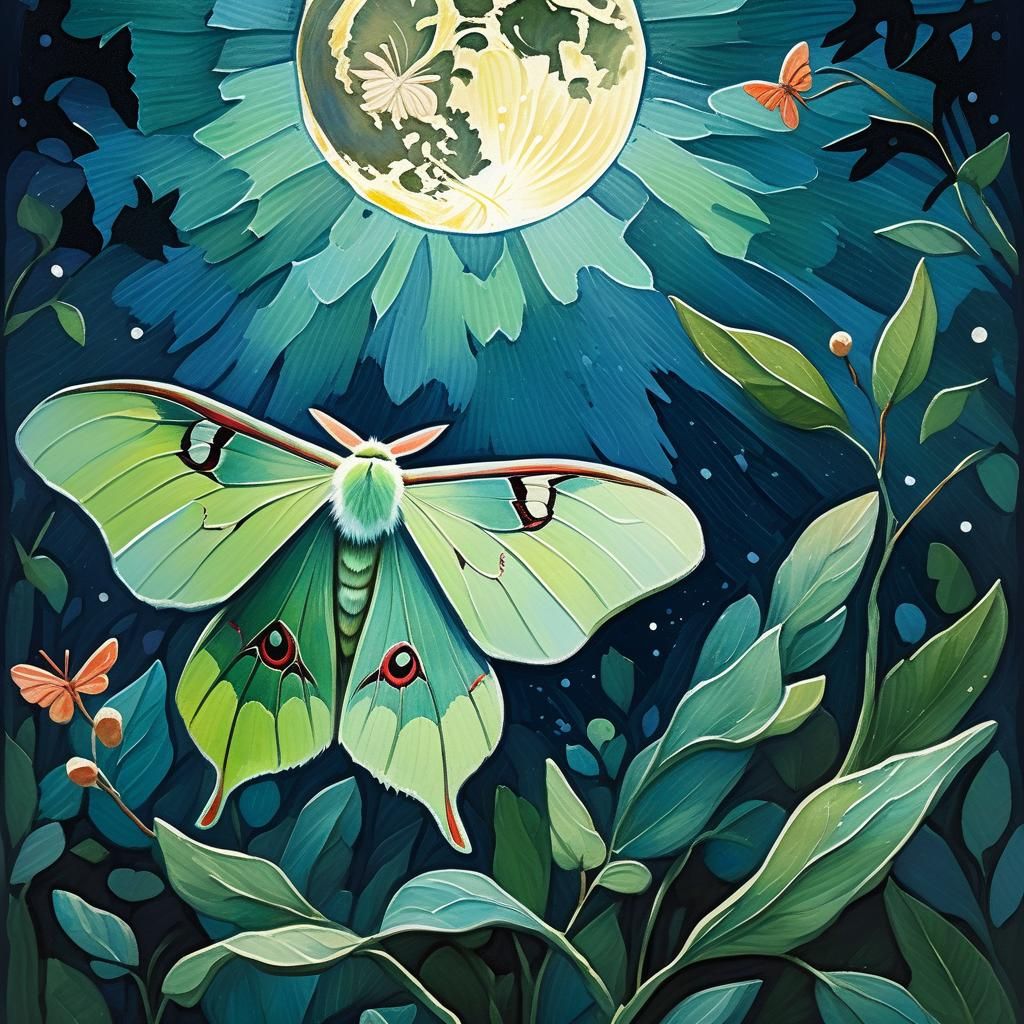 Luna Moth in Gouache Masterpiece, Impressionist Brushstrokes