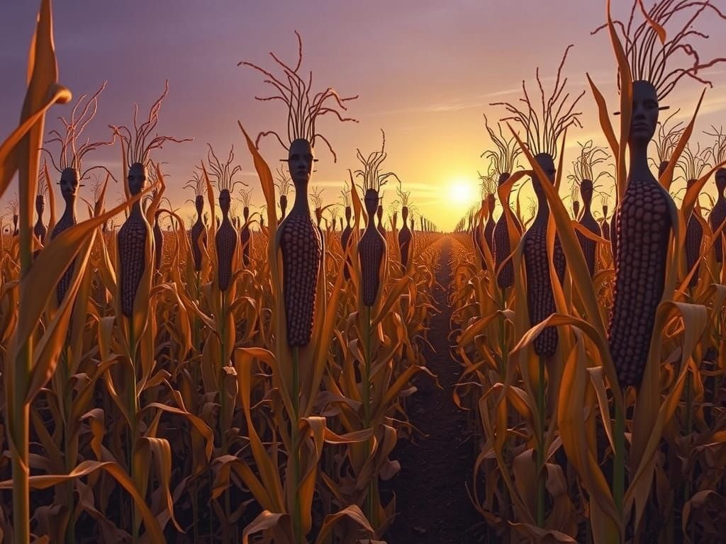 Surreal Landscape with Golden Corn and Humanoid Stalks