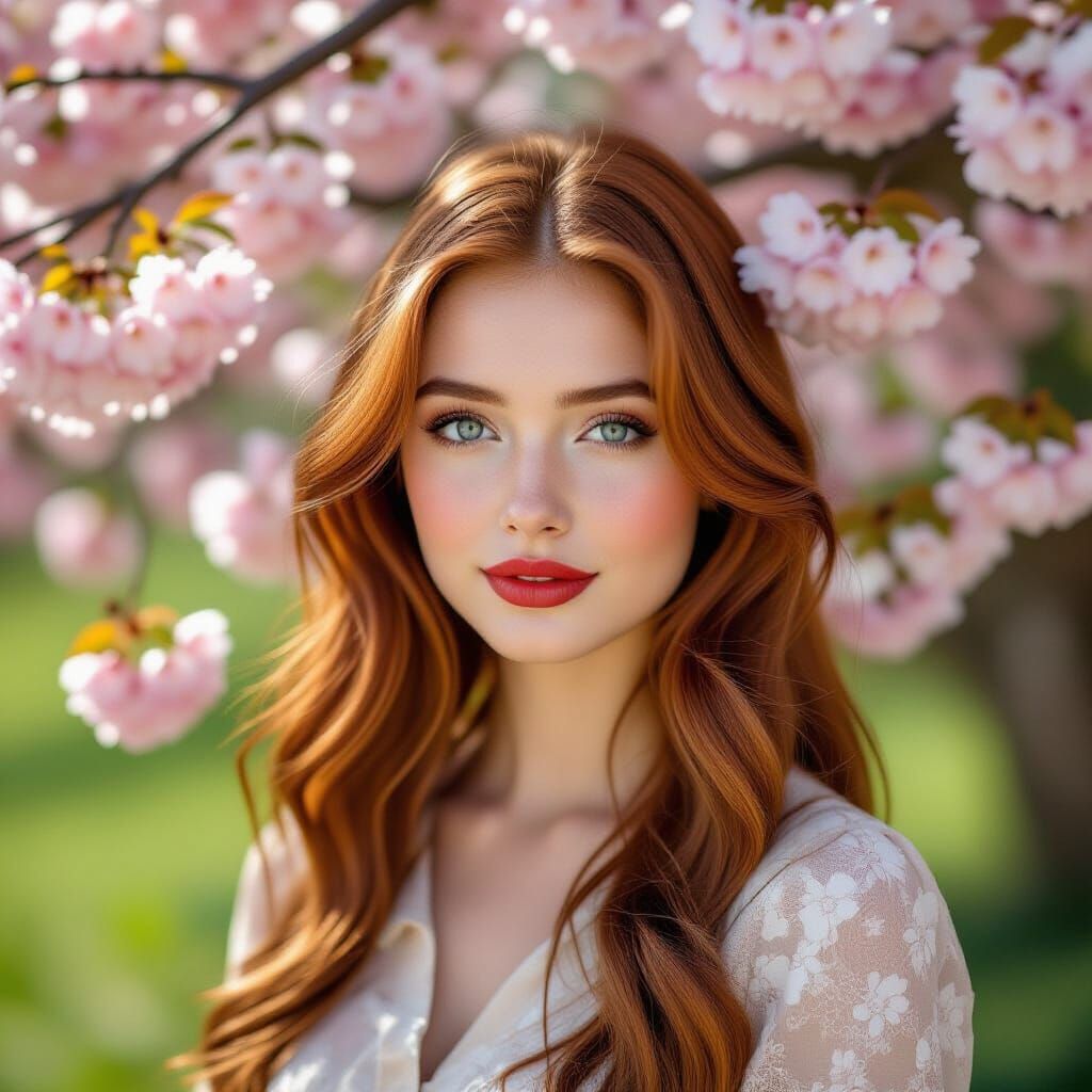 English Woman Posing by Cherry Tree in Soft Light
