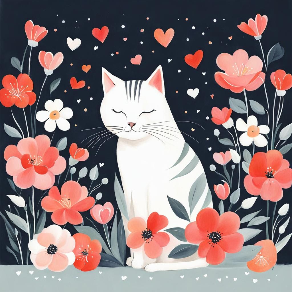 Whimsical Cat Surrounded by Blooming Flowers in a Cozy Scene