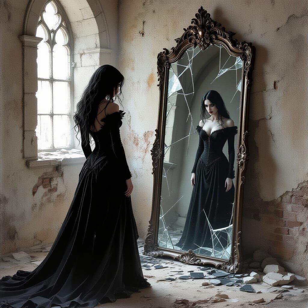 Sorrowful Queen and Shattered Reflection in Dark Fantasy Art