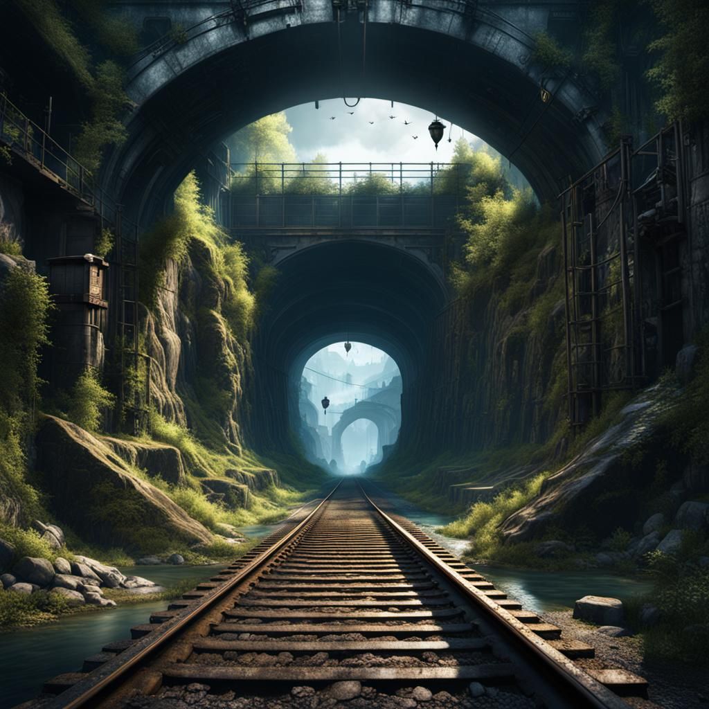 Abandoned Train Tunnel Landscape in Deep Fantasy Style