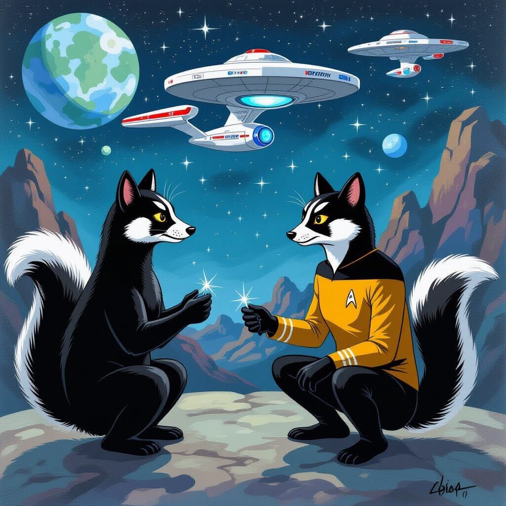 Skunks Join Star Trek Crew: Gouache Painting