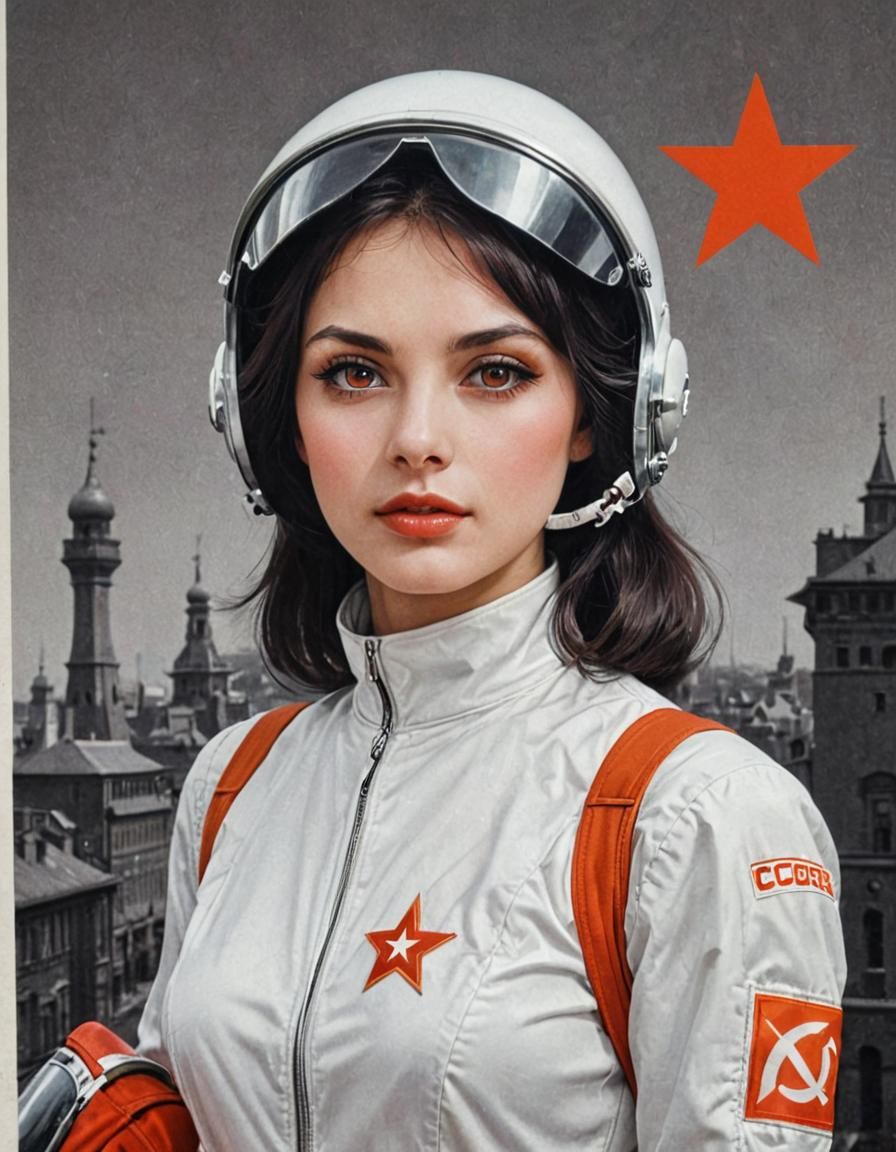 Cute Teen Girl in Soviet Spacesuit with Salyut Space Station