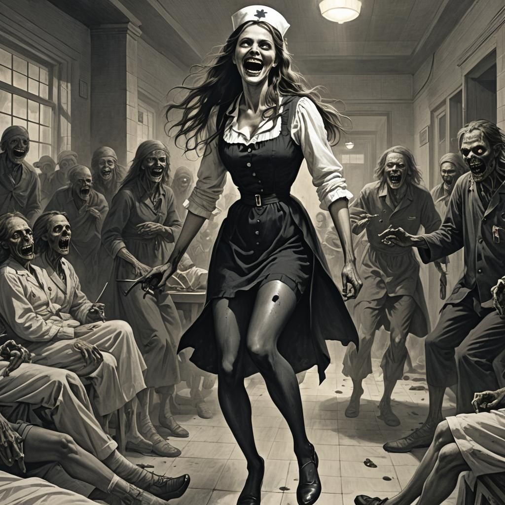 Nurse Laughs at Zombie Apocalypse in Dark Cyberpunk Hospital