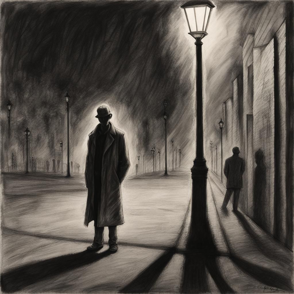 Creepy Figure Illuminated by Streetlight in Shadows