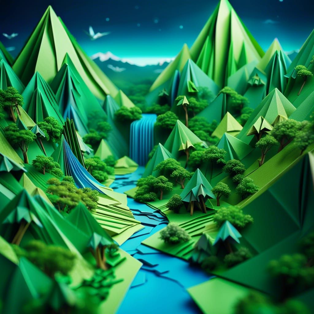 Origami Valley of Fantasy in Vibrant Colors