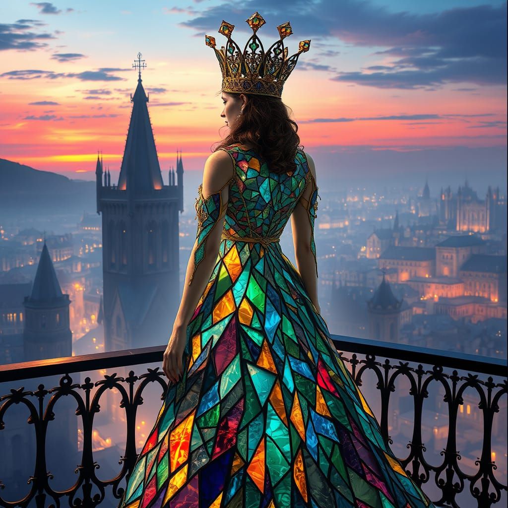 Stained Glass Queen in Ethereal Twilight City