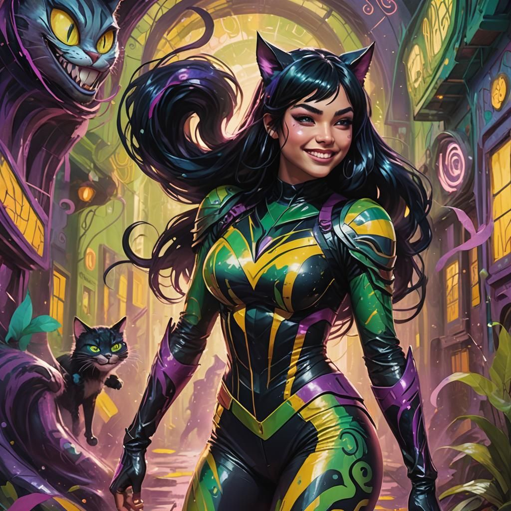 Whimsical Fantasy Superheroine in Vibrant, Dreamlike Environ...