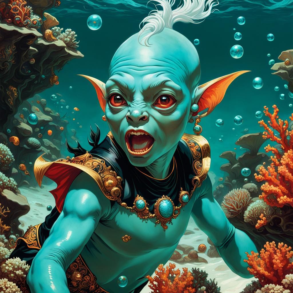 Turquoise Goblin Warlocks Play Underwater in a Vibrant Reef...