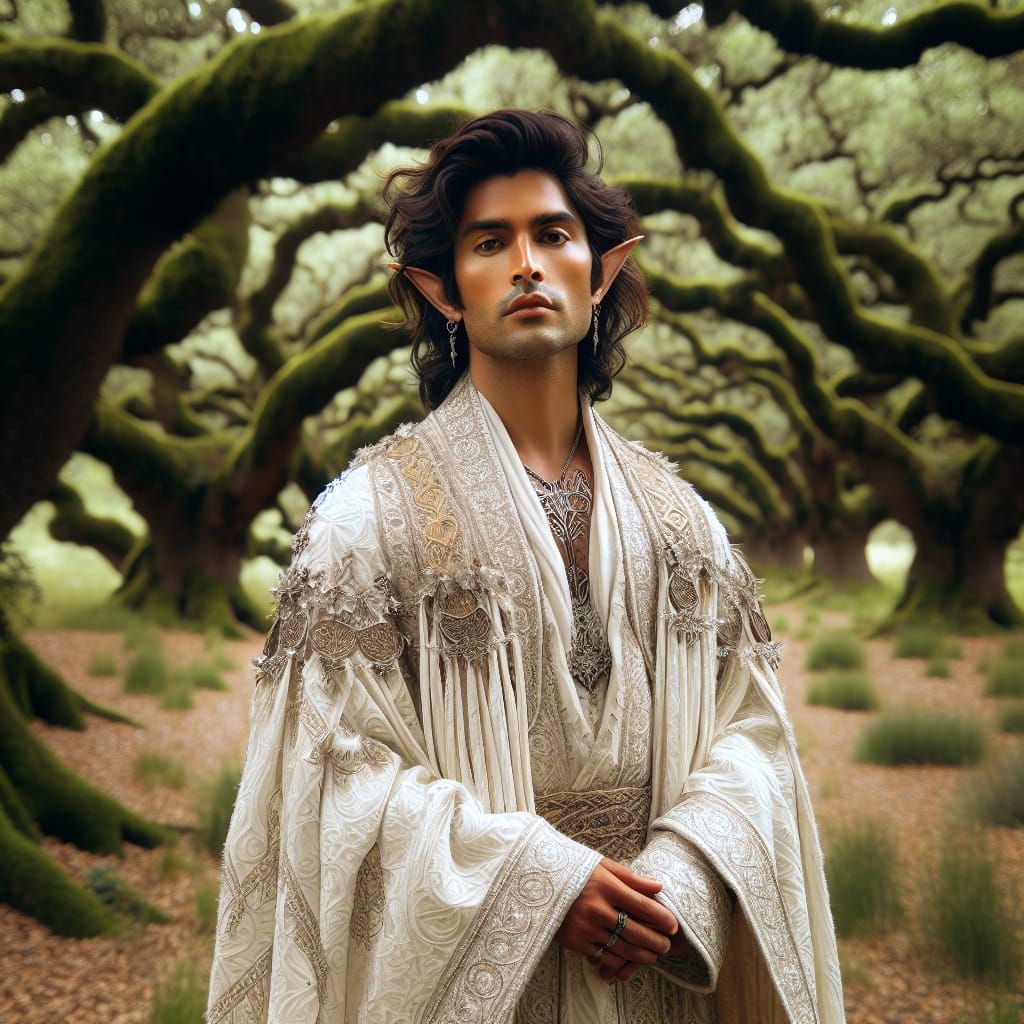 Ethereal South Asian Elf Druid Surrounded by Mysterious Oak...