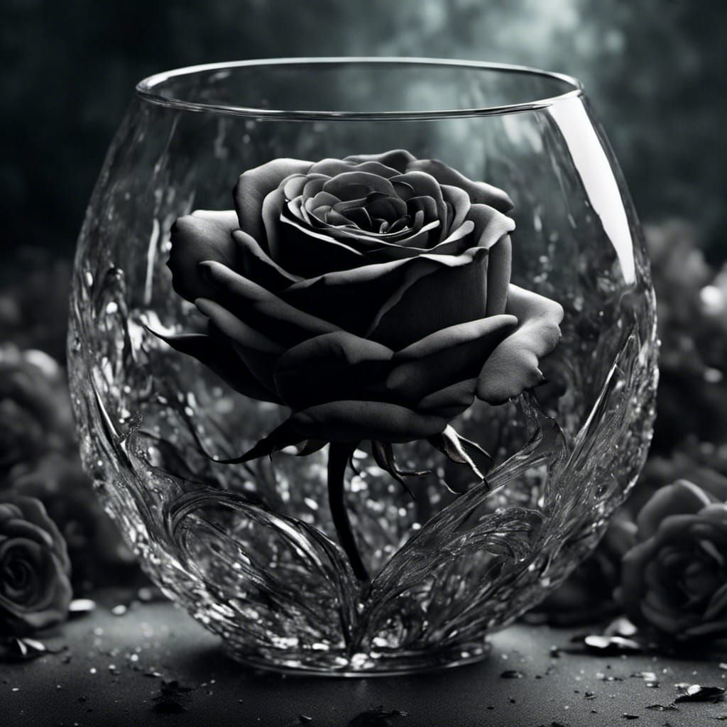 Hyper-realistic Black Rose Still Life in Monochromatic Glass