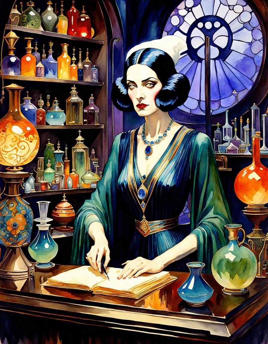 Sultry Art Deco Witch in a Ghibli-Inspired Potion Laboratory