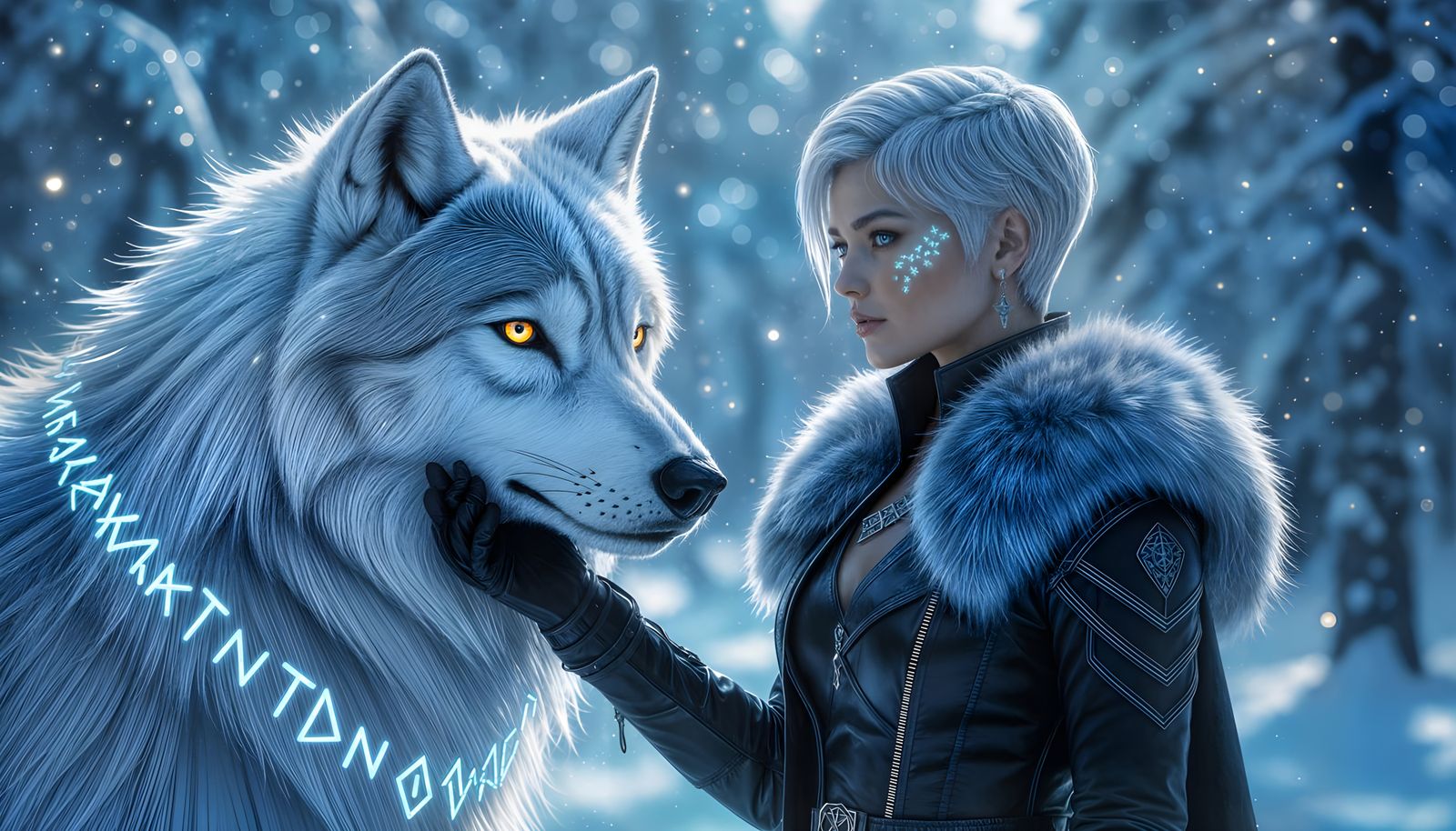 Fierce Warrior and Holographic Wolf in Snowy Castle