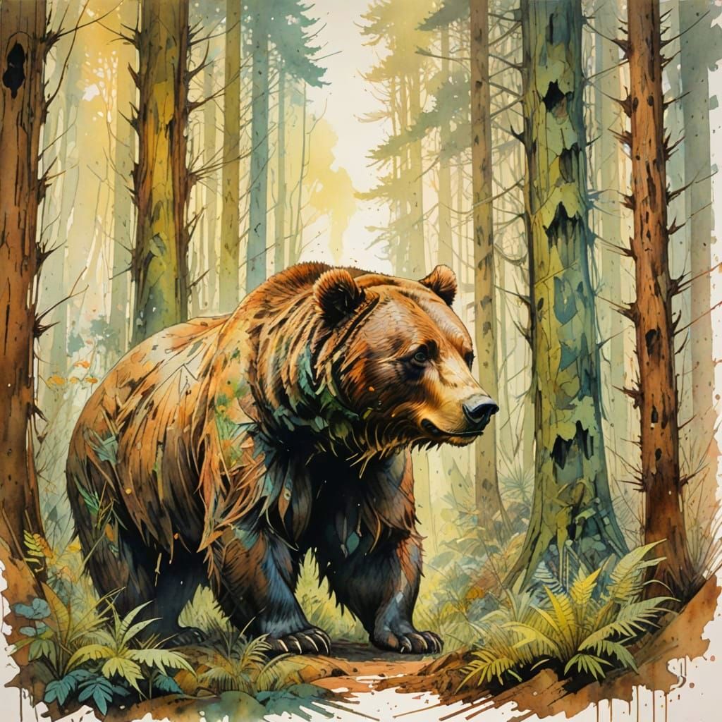 Majestic Redwood Forest Illuminated by Golden Light in Water...