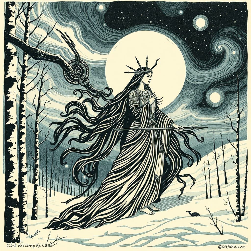 Majestic Goddess Louhi in Linocut Style