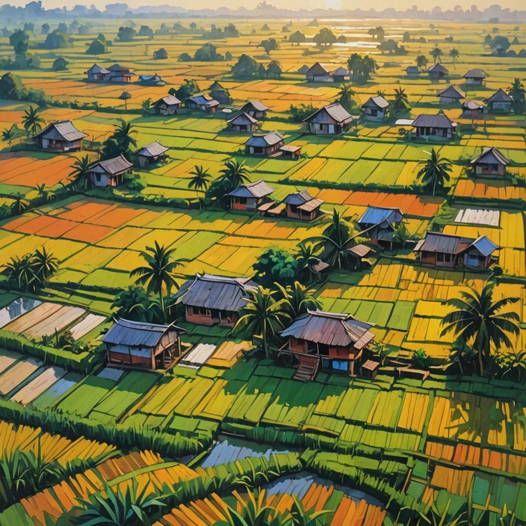 Vibrant Impressionist Masterpiece of 90's Bangladeshi Rice F...