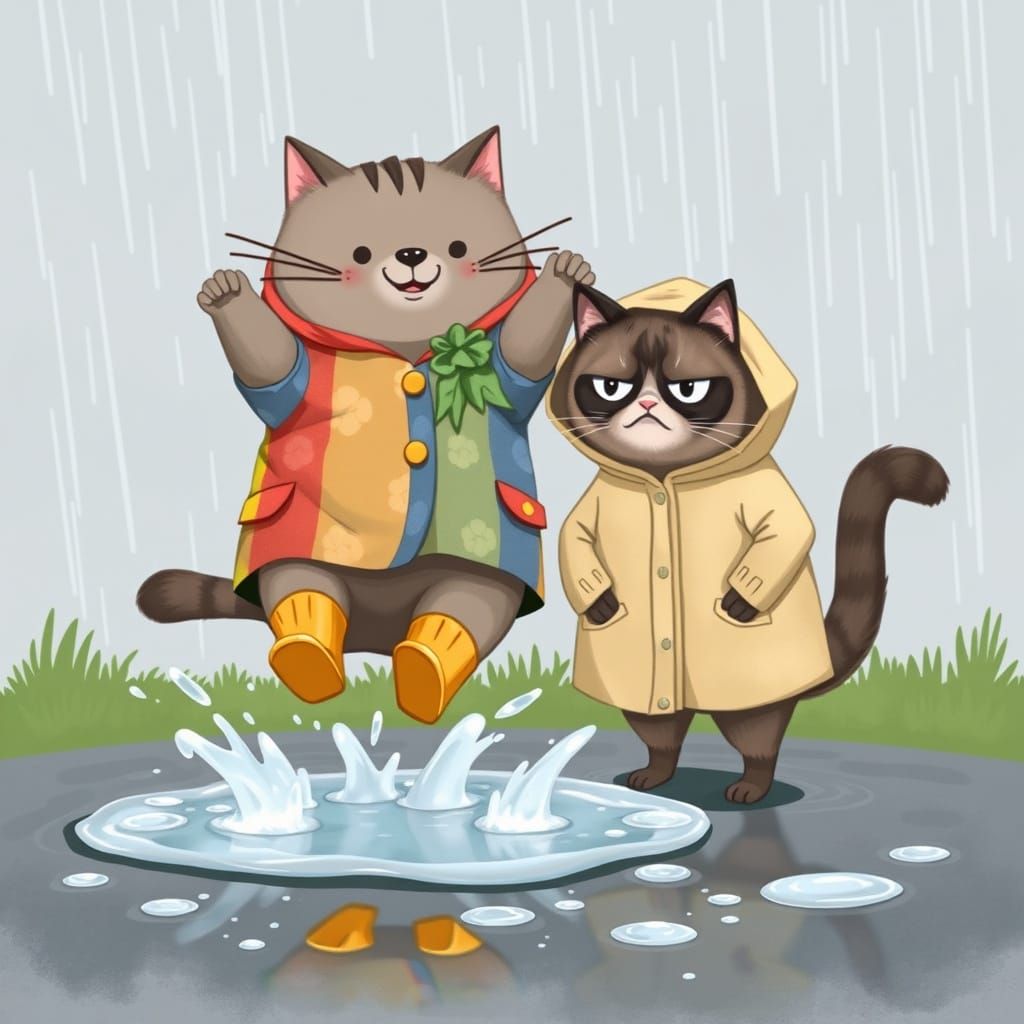 Whimsical Cat Playtime in Colorful Rainy Day Scene