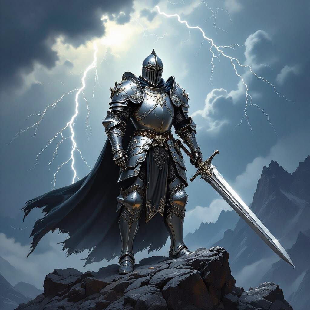 Epic Fantasy Knight in Silver Armor with Zweihander