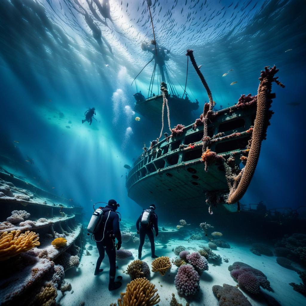 Shipwreck in Northern Europe Ice: Divers Amidst Majestic Sun...