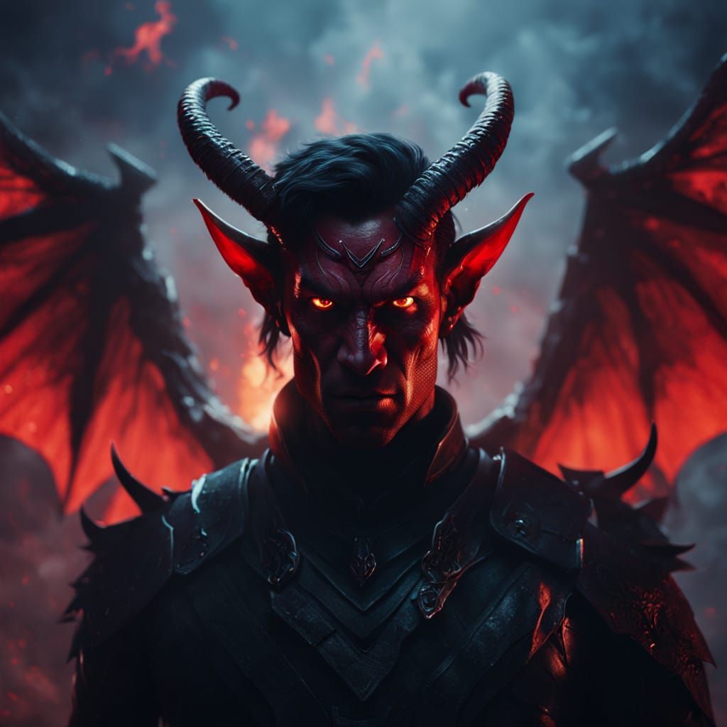 Dramatic Tiefling with Demon Wings in Splash Art Style