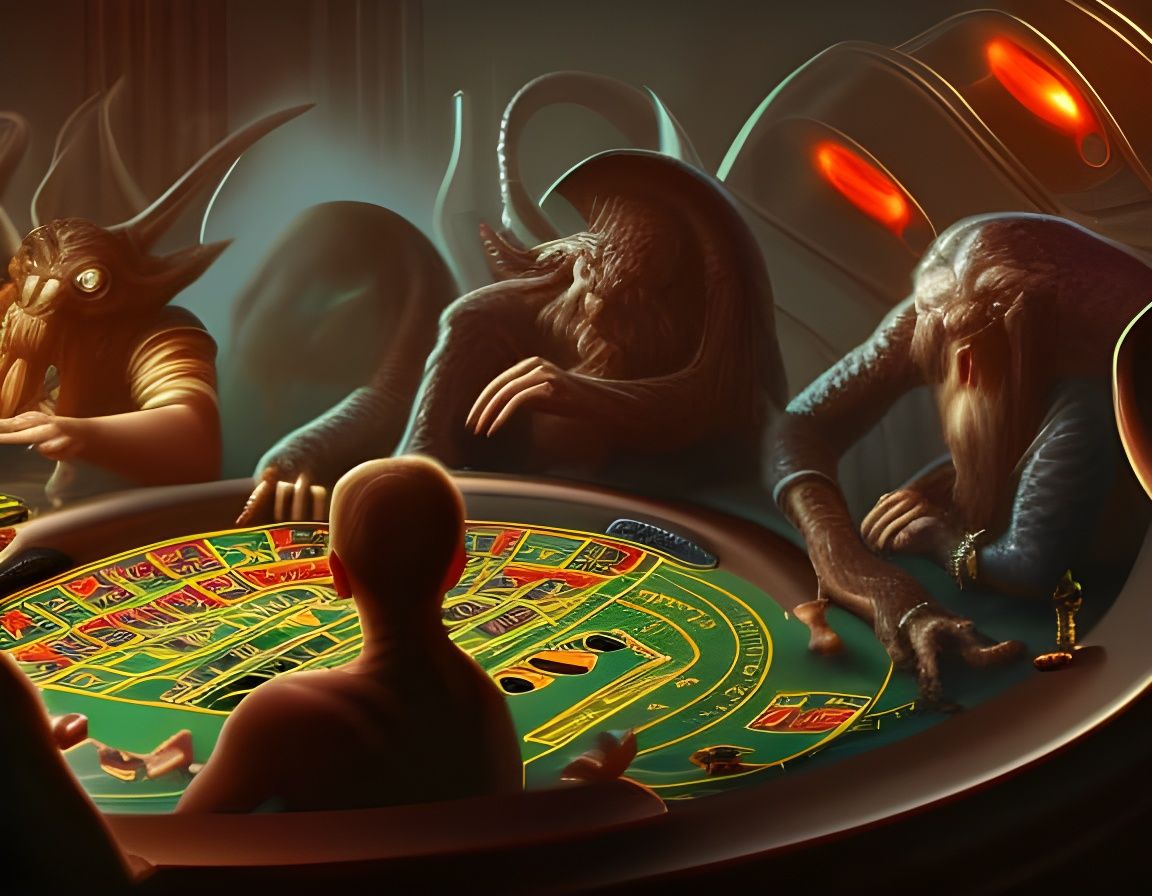 Fantastical Gamblers in a Vivid, Surreal Setting