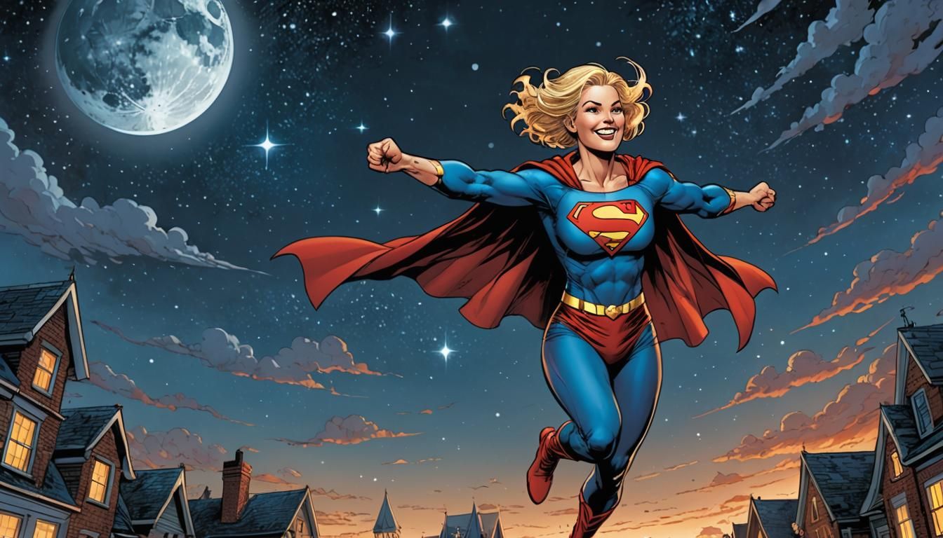 Super Girl Soars Through Celestial Skies in Vibrant Comic Bo...