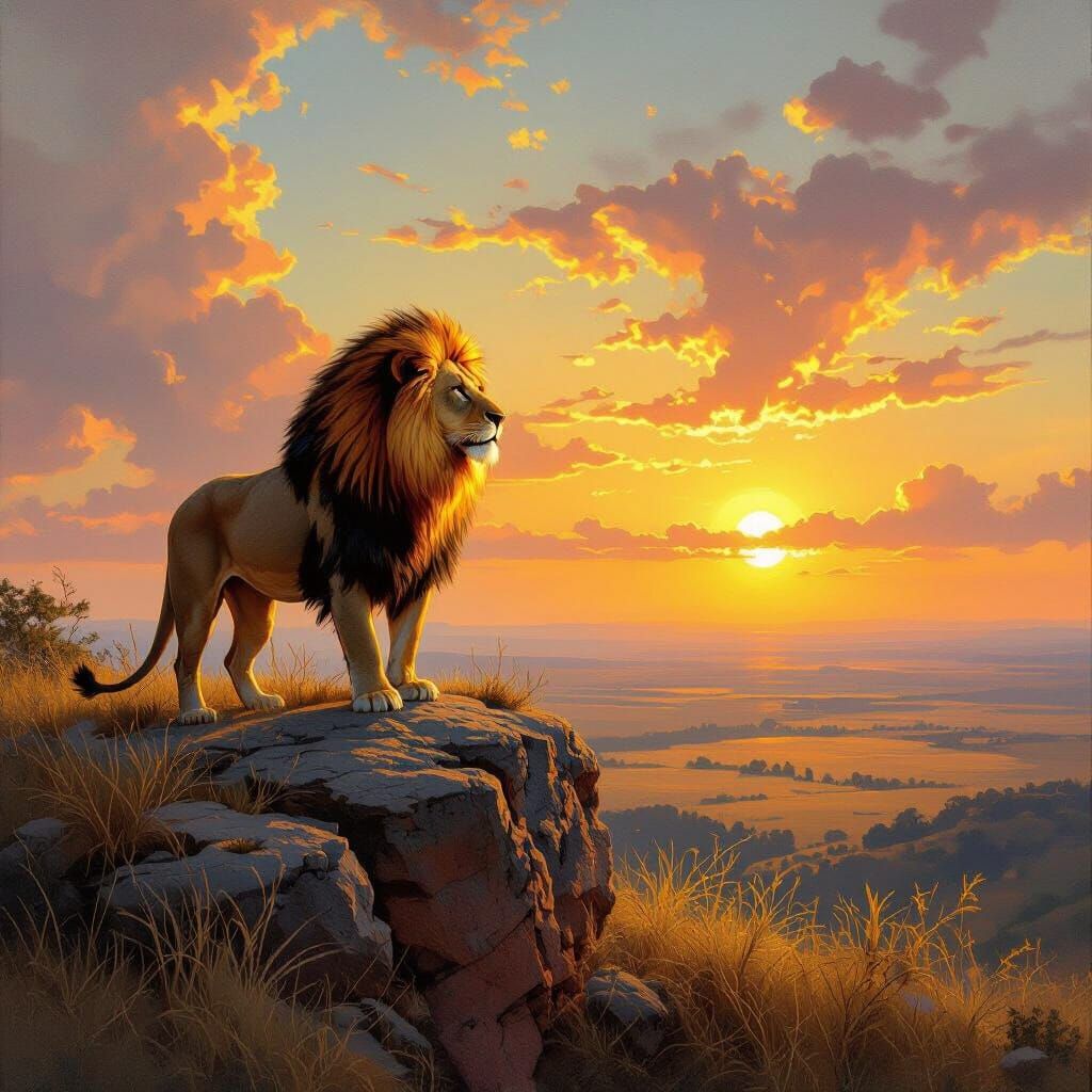 Lion with Fiery Mane in Classical Oil Painting Style