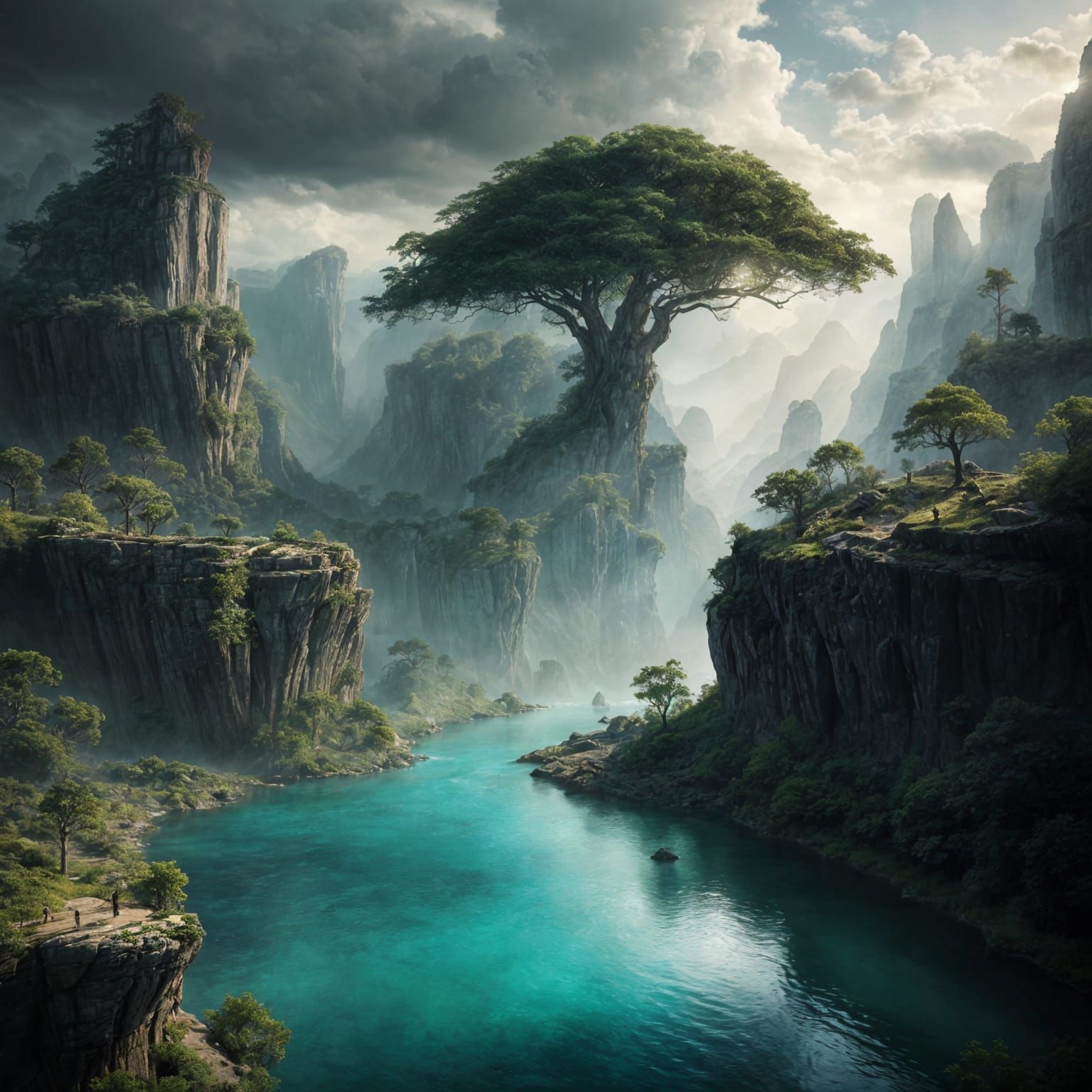 Surreal Cliffside Oasis with Waterfalls and Glowing Tree