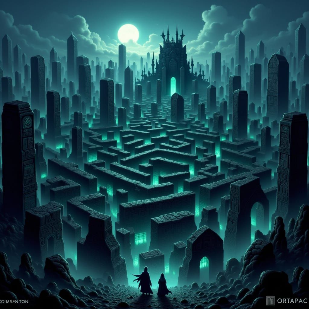 Ancient Labyrinth at Twilight with Ethereal Runes