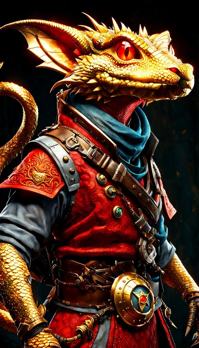 Eager Kobold Artificer with Dragon Face and Gold Eyes in Tri...