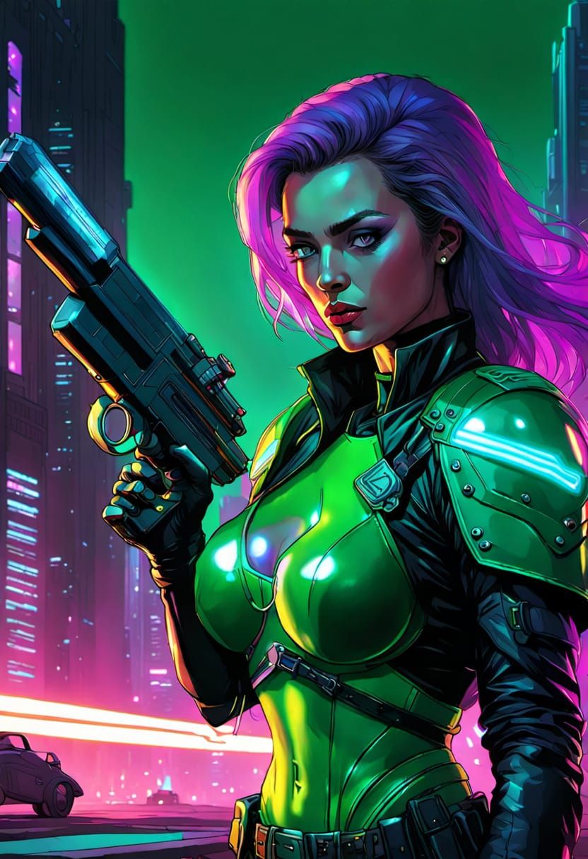 Female Officer in Cyberpunk Cityscape, Comic Book Style