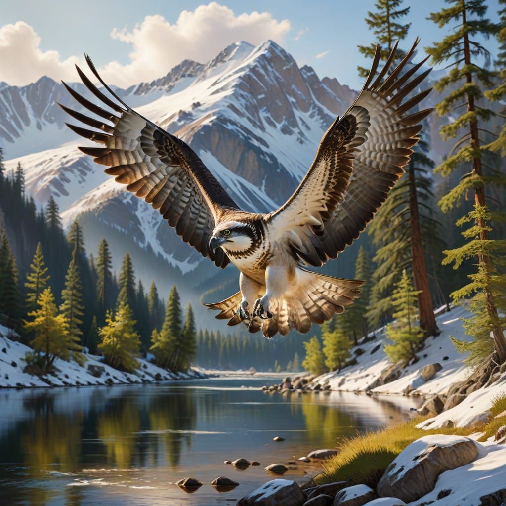 Majestic Osprey in Flight Over River Basin, Impressionist Go...