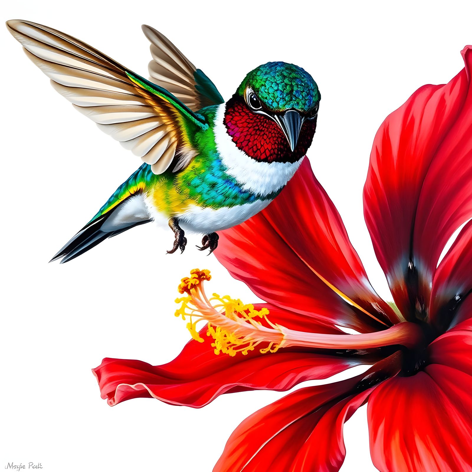 Iridescent Hummingbird Hovers at Crimson Hibiscus Flower