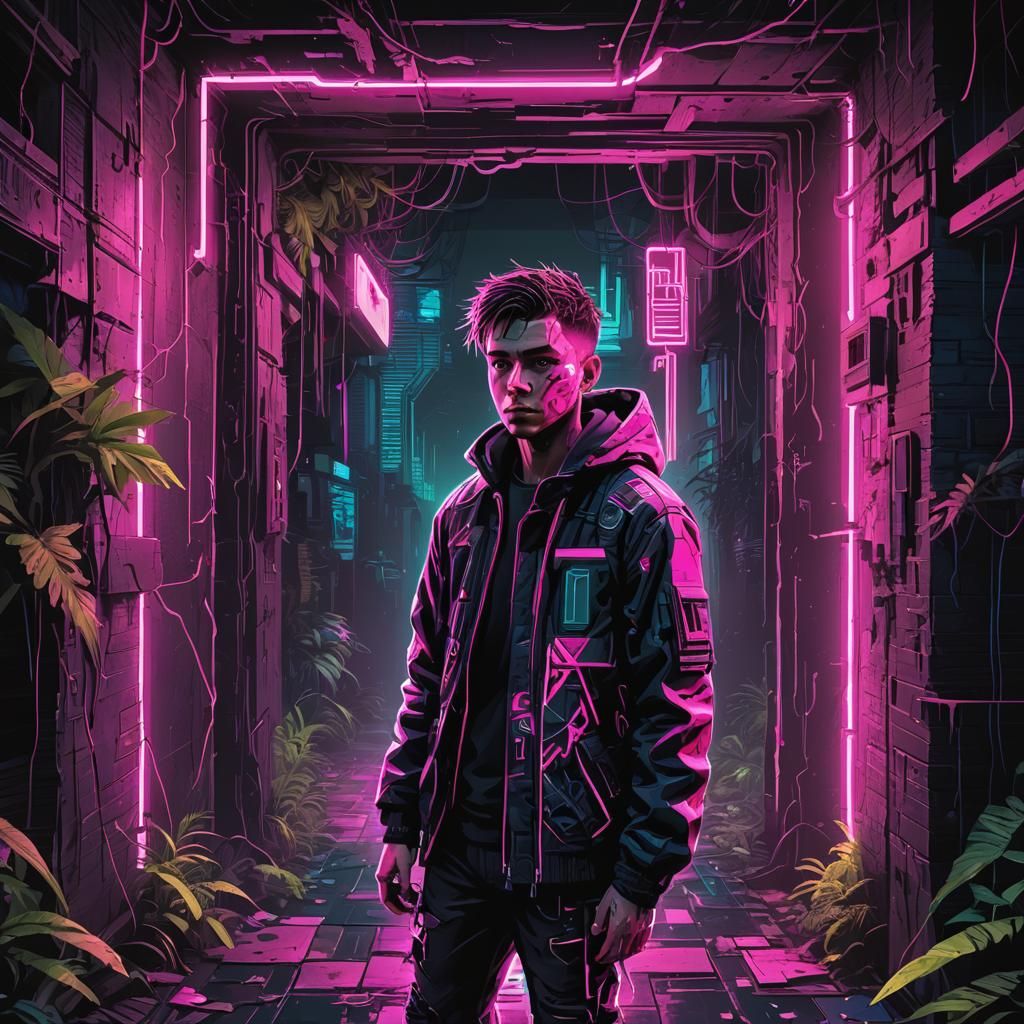 Neon-Shrouded Youth in Ruin