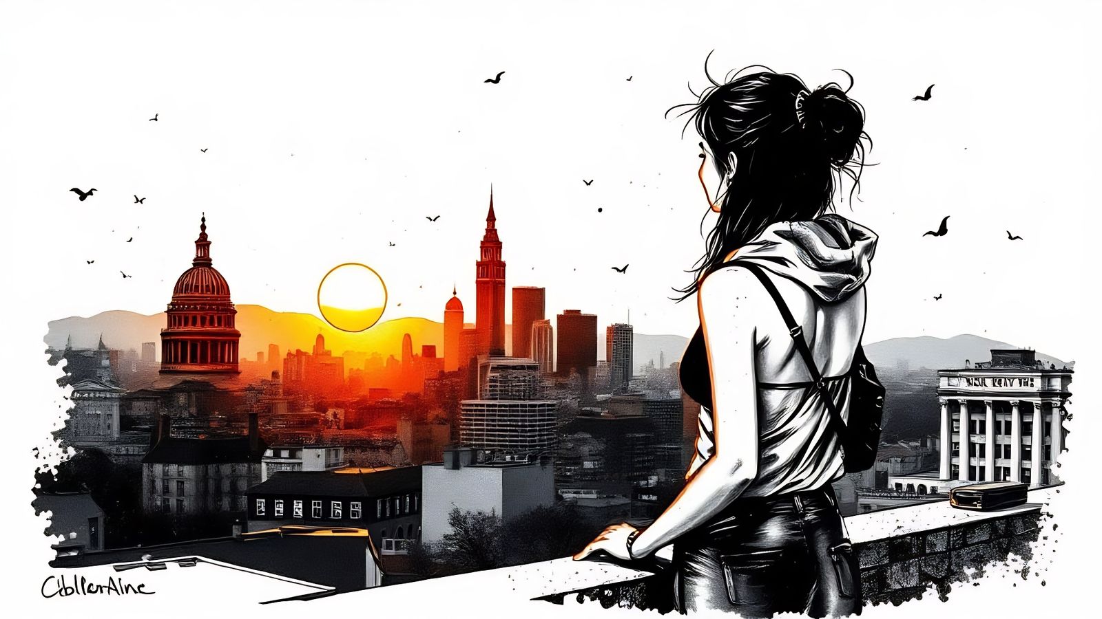 Lady at Sunrise on Rooftop in Urban Ink Splatter Art