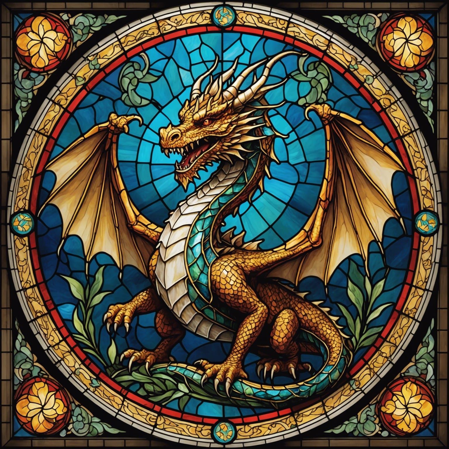 stained glass window of a dragon