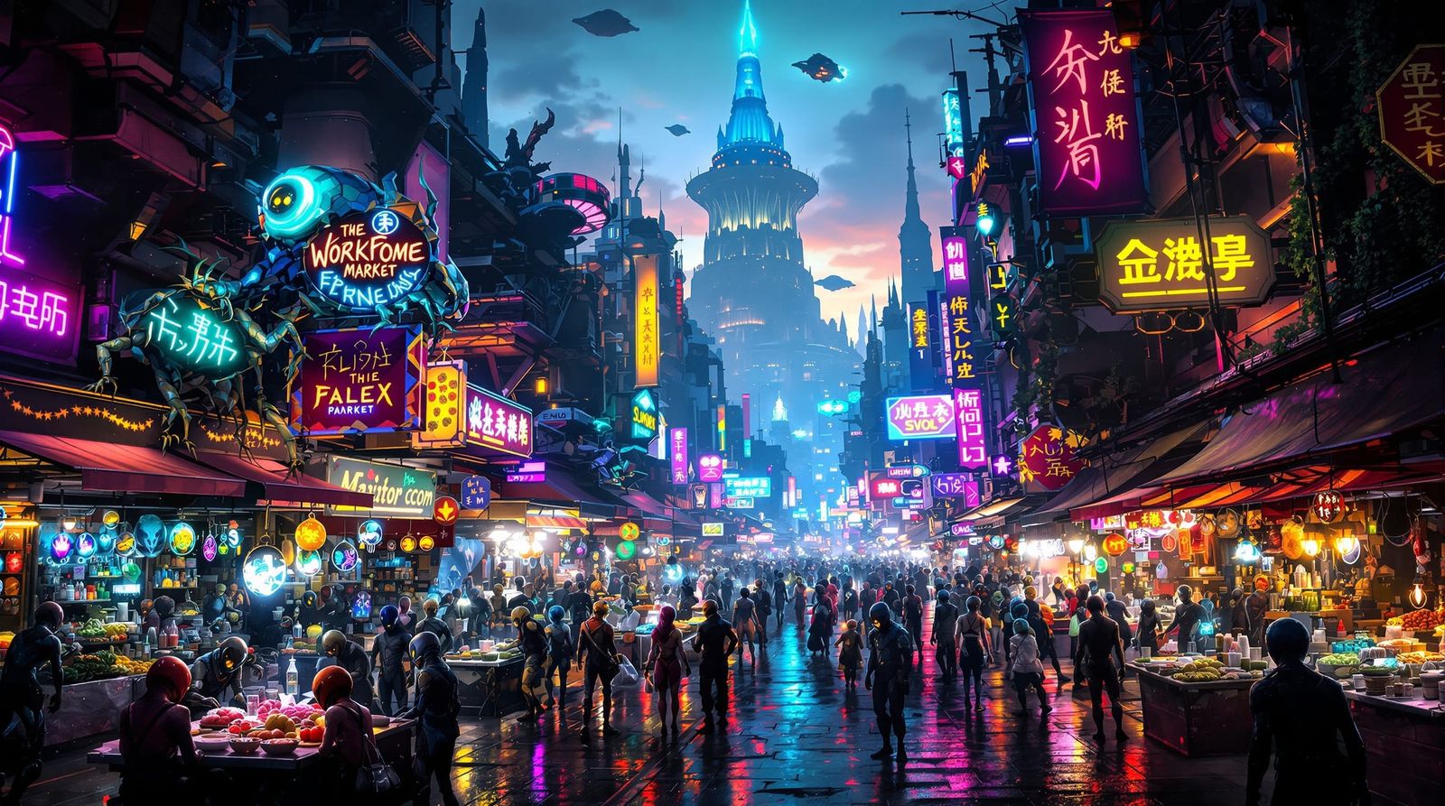 A bustling alien street market set in the heart of a vast ne...