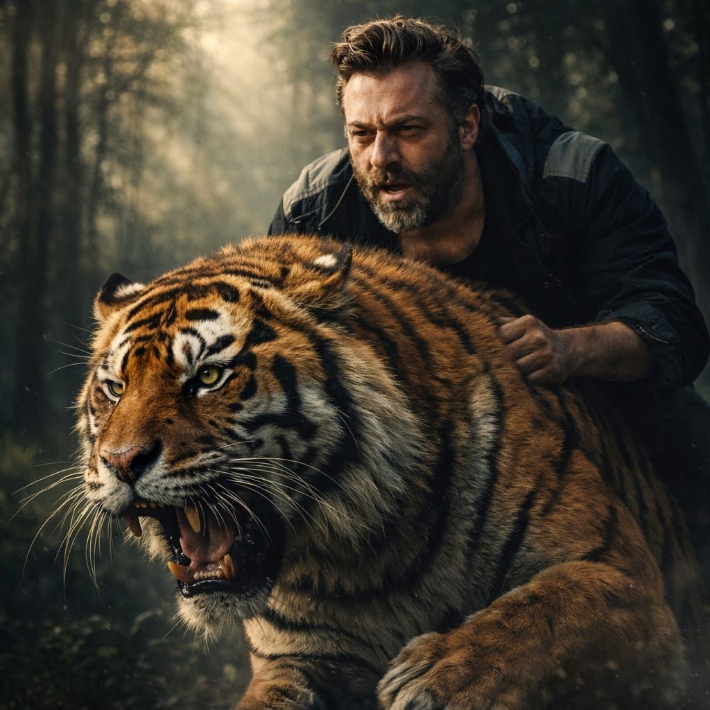 Man Rides Muscular Tiger in Epic Cinematic Scene