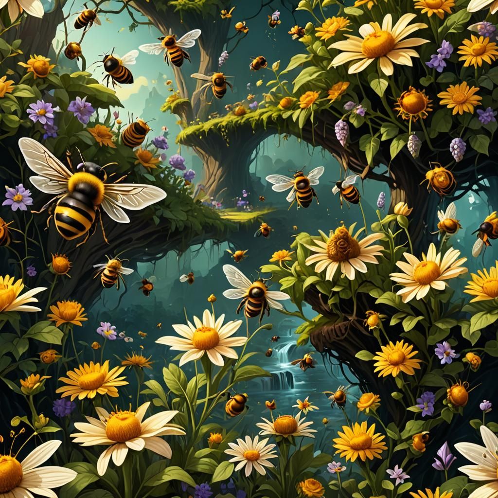 Whimsical Bees in Enchanted Garden