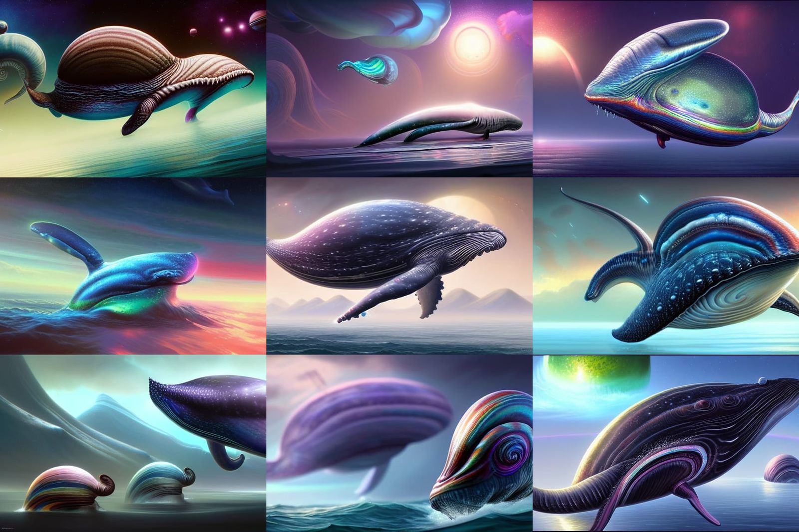 Space Whale-Snail Hybrid Soars in Vibrant Alien Landscape