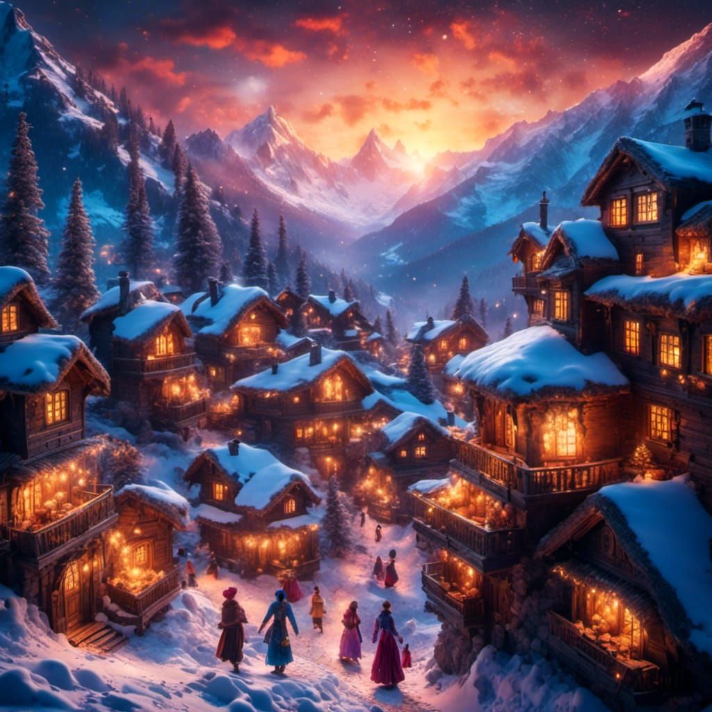 Traditional Alpine Christmas Village Scene in Warm, Festive....