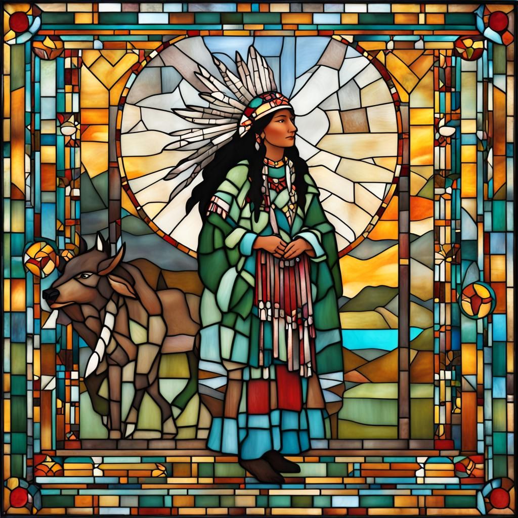 Native American Pinhead in Stained-Glass Windows Frame