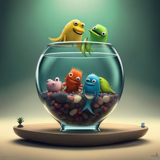 Whimsical Baby Monsters in a Delicate Fish Tank