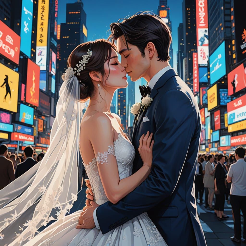 Tender Newlywed Couple Shares Romantic Wedding Kiss in Soft ...