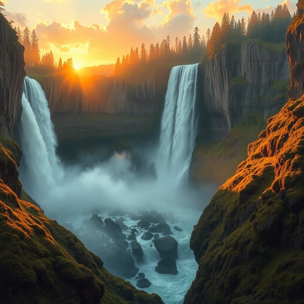 Majestic Sunset Waterfall in a Lush, Golden Forest